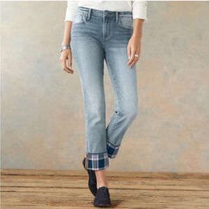 Driftwood Colette Straight Leg Boho Jeans Medium Wash Plaid Tartan Cuff Size 29